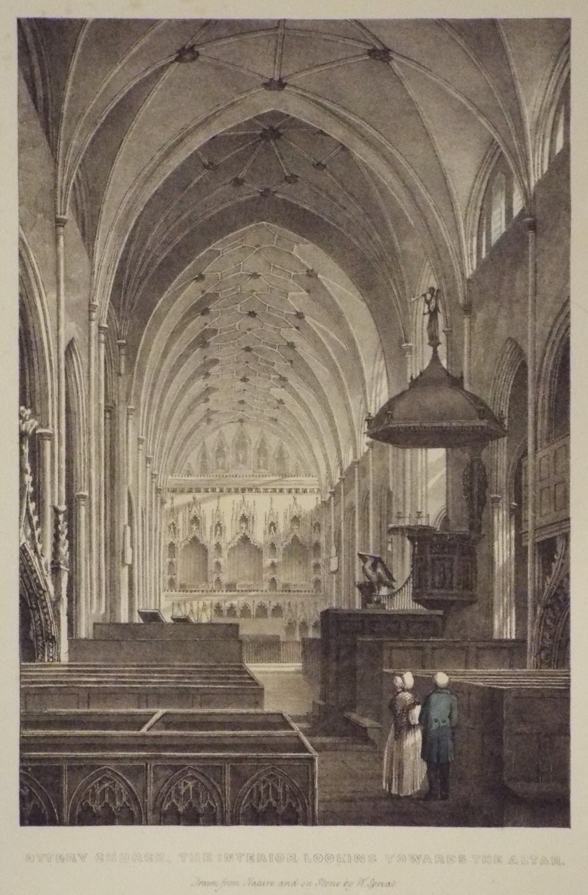 Lithograph - Ottery Church, The Interior looking towards the Altar. - Spreat